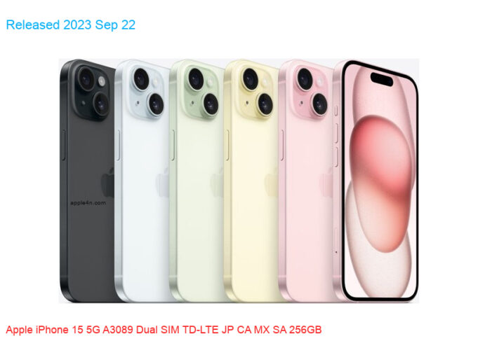 Apple iPhone 15 5G A3089 Dual SIM TD-LTE JP CA MX SA 256GB