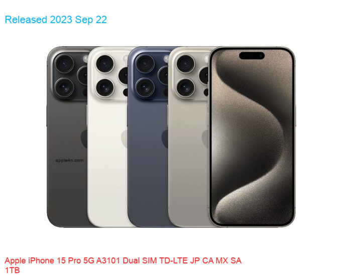 Apple iPhone 15 Pro 5G A3101 Dual SIM TD-LTE JP CA MX SA 1TB