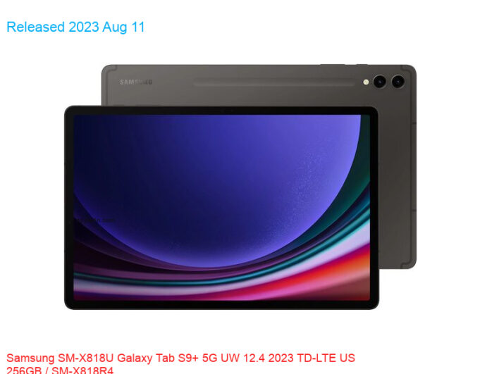 Samsung SM-X818U Galaxy Tab S9+ 5G UW 12.4 2023 TD-LTE US 256GB / SM-X818R4